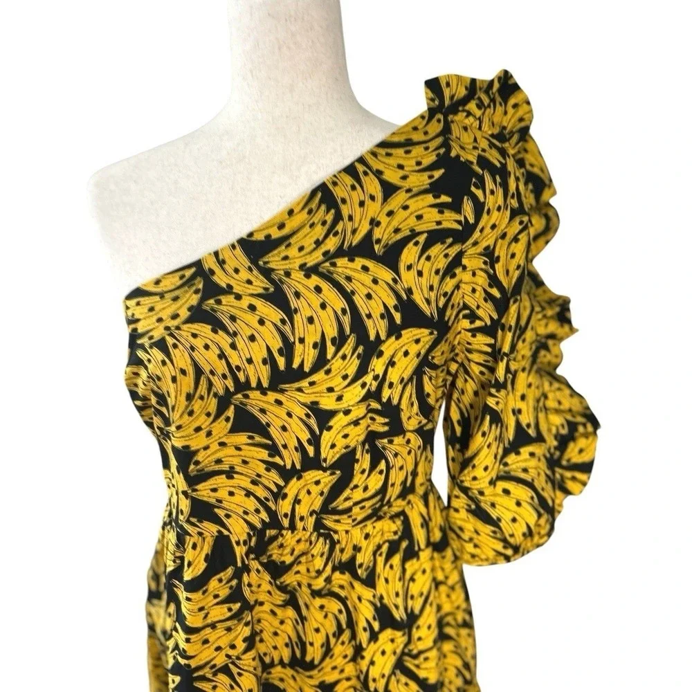 NEW Farm Rio Cotton Poplin One-Shoulder Black Bananas Midi Dress Cotton Medium - Picture 3 of 13